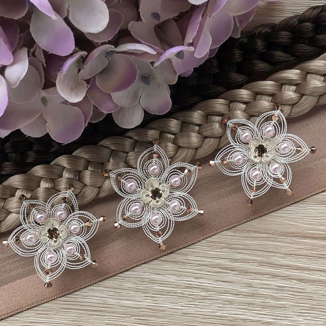 handgefertigte Blütenhaarnadel 3er Set ❖ Perle rosa