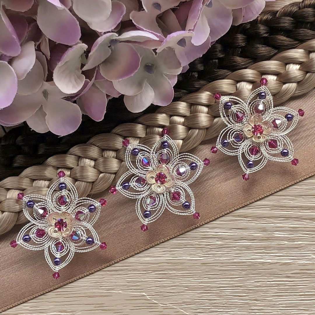 handgefertigte Blütenhaarnadel 3er Set ❖ pink-violett