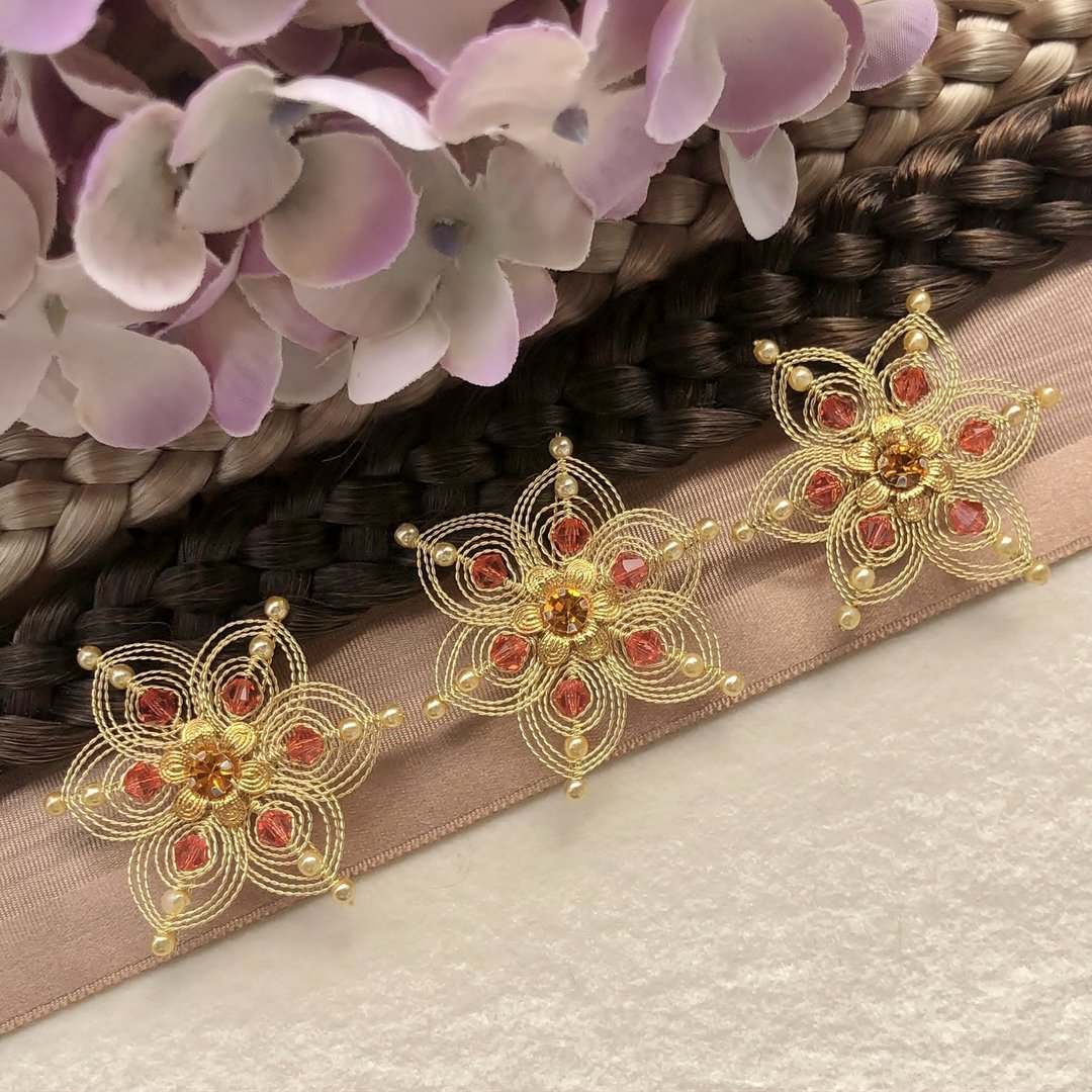 handgefertigte Blütenhaarnadel 3er Set ❖ gold-flamingo