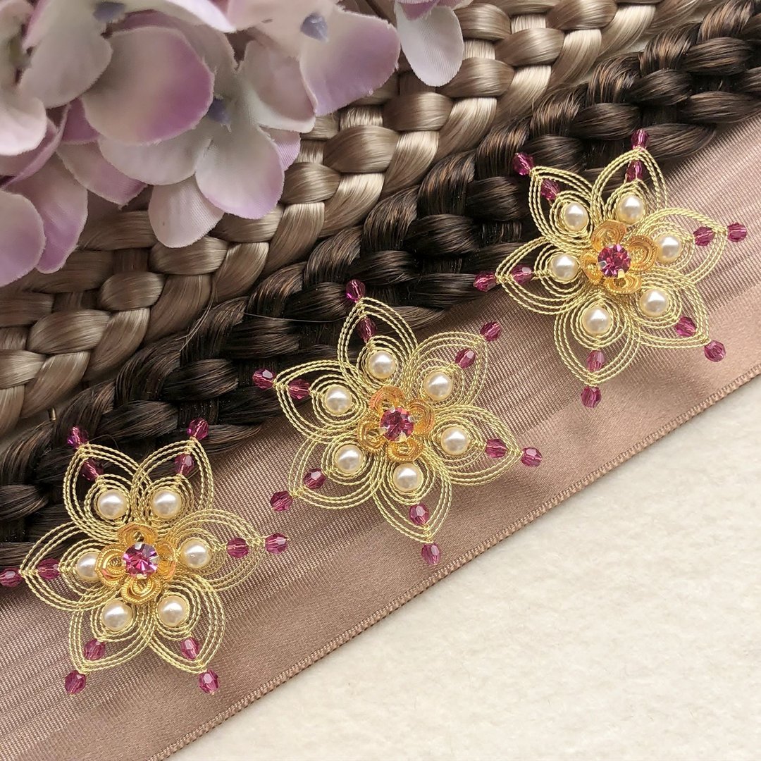 handgefertigte Blütenhaarnadel 3er Set ❖ gold-pink