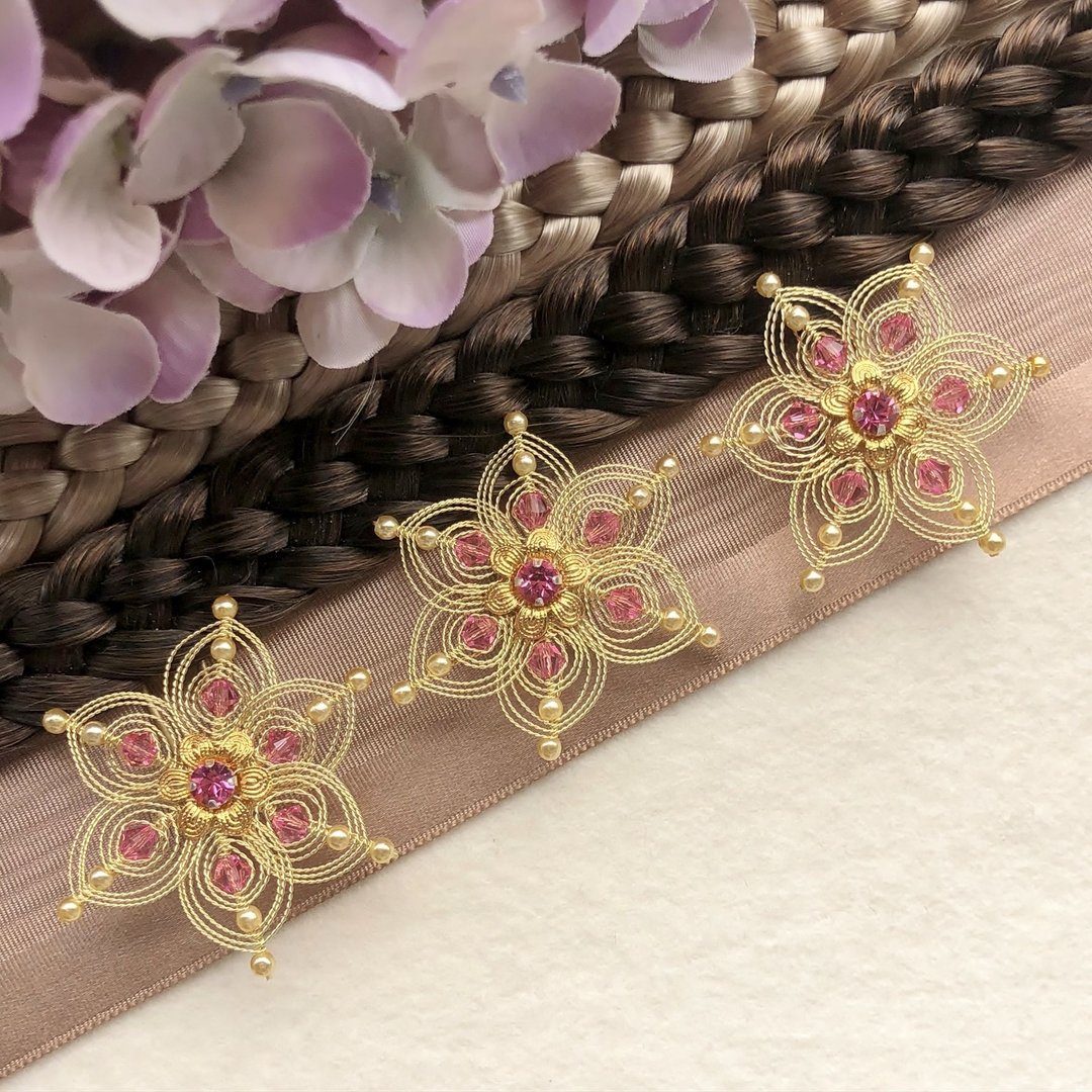 handgefertigte Blütenhaarnadel 3er Set ❖ gold-rosa