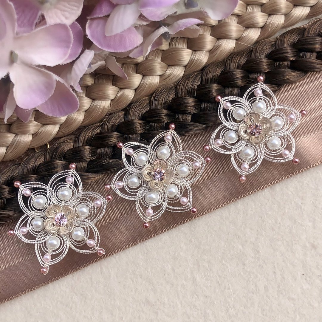 handgefertigte Blütenhaarnadel 3er Set ❖ Perle mit rosa