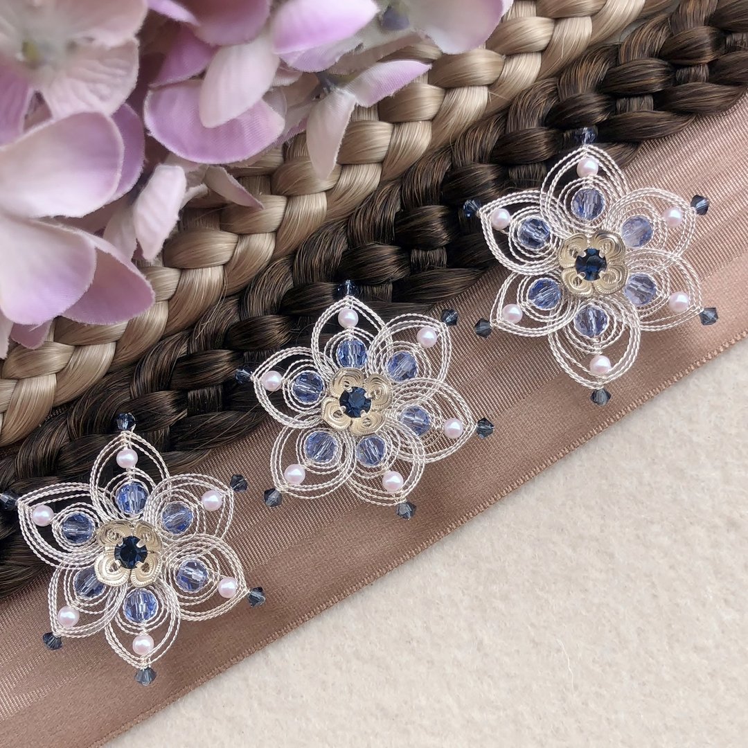 handgefertigte Blütenhaarnadel 3er Set ❖ blau-Perle