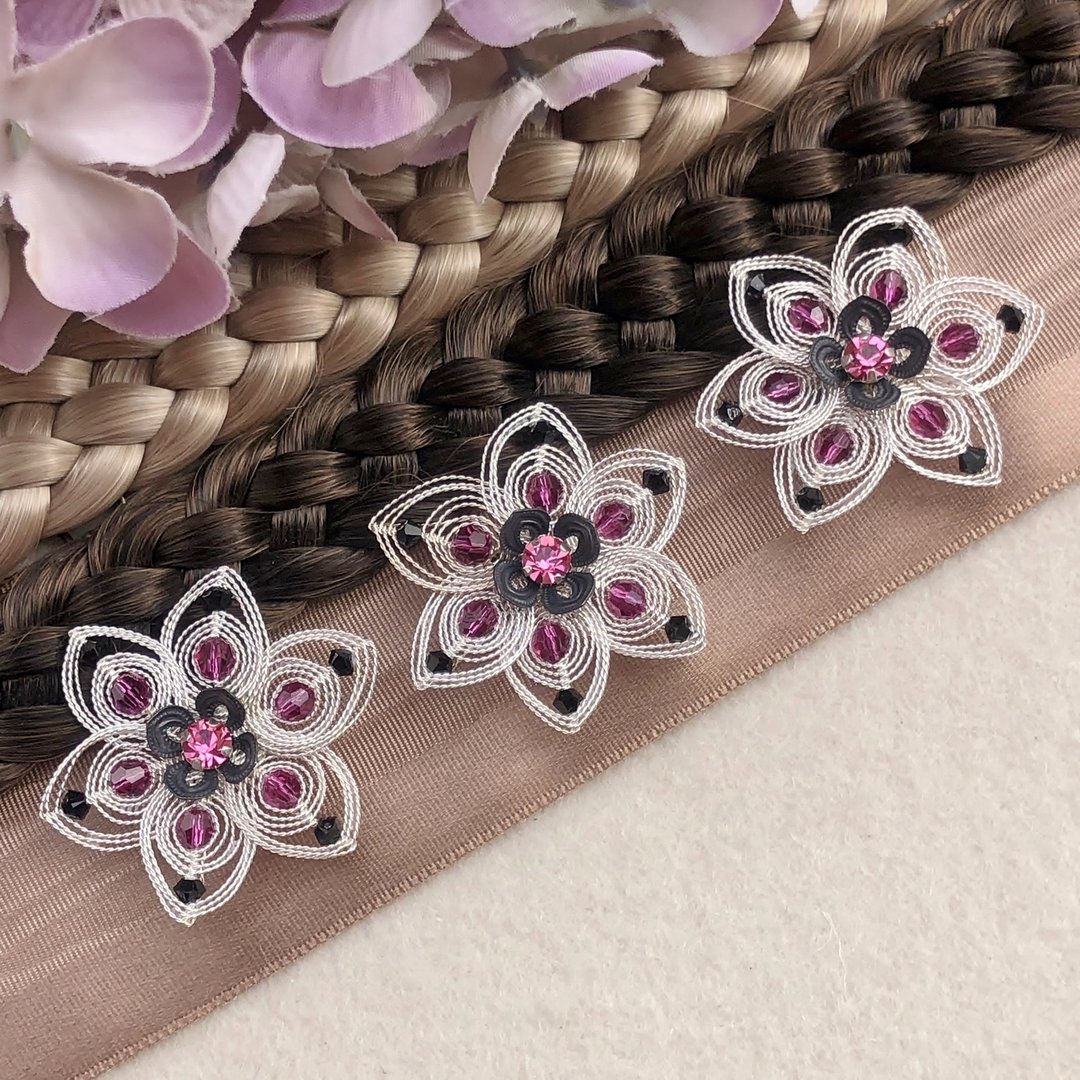 handgefertigte Blütenhaarnadel 3er Set ❖ pink